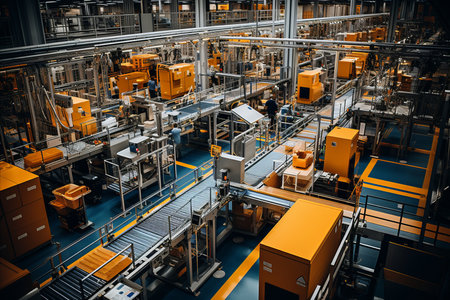 Aerial view of busy factory  capturing the industrious spirit of workers and machineryの素材