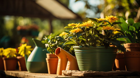 Gardening tools and flowerpots  essential set for gardeners in a beautifully sunlit gardenの素材