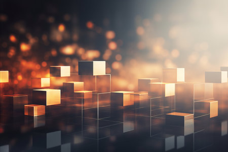 Abstract blurred bokeh with geometric shapes and high tech elements in a vibrant color paletteの素材