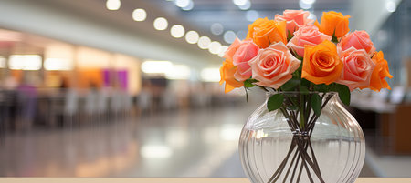 Blurred bokeh background with vibrant roses in a glass vase, creating a captivating visual spectacleの素材