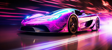 Bright automotive bokeh design with sleek car lines, engine visuals, and race track scenesの素材