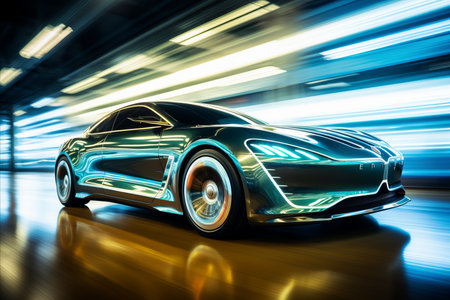 Futuristic car factory visuals with blurred bokeh effect for lively automotive background.の素材