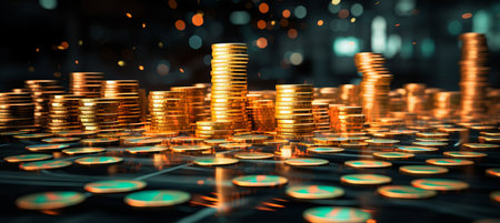 Abstract financial technology symbols on blurred bokeh background with dynamic light streaksの素材