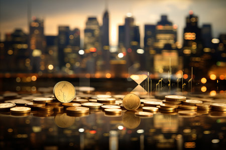 Blurred bokeh background with banking symbols and finance charts, illustrating financial conceptsの素材