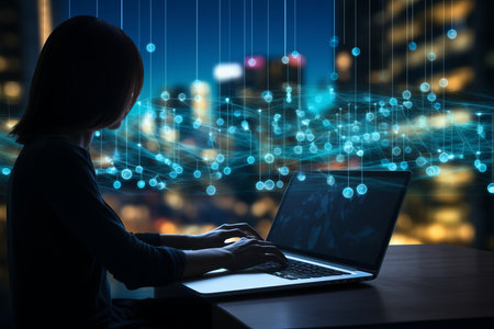 Human Hands Typing on Keyboard. Concept of Cybersecurity, Hacking, Data Stealingの素材