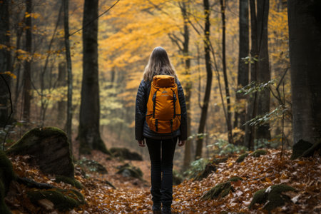 Hiker woman walking on autumn forest trail amidst vibrant fall foliage in natures embraceの素材