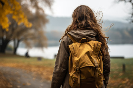 Unrecognizable hiker woman on autumn forest trail in vibrant fall colors, active lifestyleの素材
