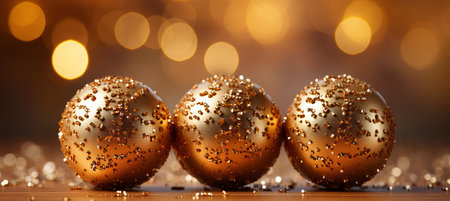 Glowing golden christmas bokeh background with festive ornaments and sparkling decorationsの素材