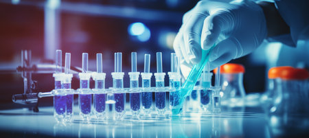 Female scientists conducting scientific research with clear solution in laboratory environmentの素材