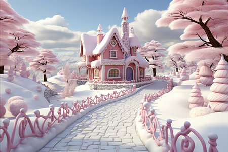 Gingerbread village in snowy wonderland with candy cane lamps and marshmallow snowmenの素材