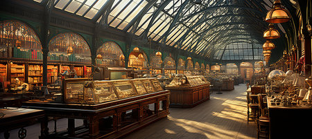 Steampunk laboratory with brass machinery, glowing concoctions, and mesmerizing gearsの素材