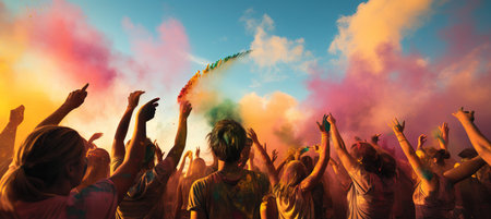 Vibrant music festival scene with stages and lively crowds, perfect for event branding.の素材