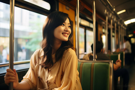 Smiling woman holding onto a handle with confidence while traveling by a bustling public busの素材