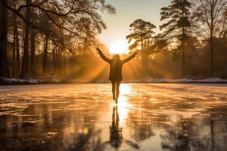 Energized young woman gracefully ice skating on a frozen pond amidst a picturesque winter landscapeの素材
