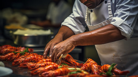 Chef cooking tiger prawn on modern kitchen with blurred background, copy space for text placementの素材