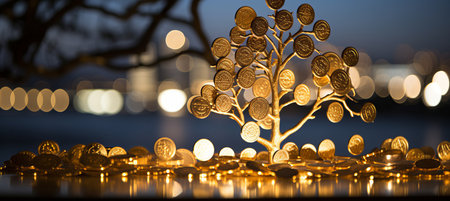 Symbolic golden tree of wealth with coins and banknotes against blurred bokeh cityscapeの素材