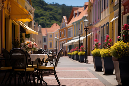 Coastal promenade  sun soaked, cafes, umbrellas, bicycles   ideal for outdoor dining   leisureの素材