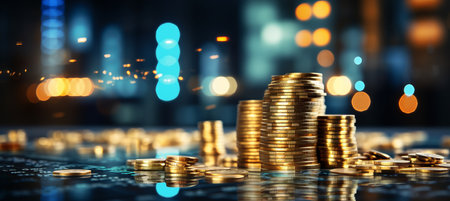 Dynamic light streaks with blurred bokeh effect and abstract financial technology symbolsの素材