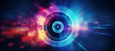 Blurred bokeh effect with vibrant color scheme and futuristic tech concepts on innovative gadgetsの素材