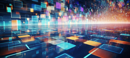 Abstract blurred bokeh with vibrant neon lights and tech graphics for a captivating visual displayの素材