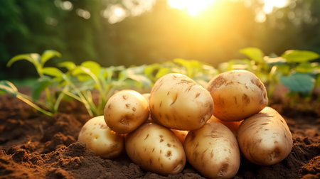 Lush and abundant potato harvest in full swing on a bright summer day at the picturesque plantation.の素材
