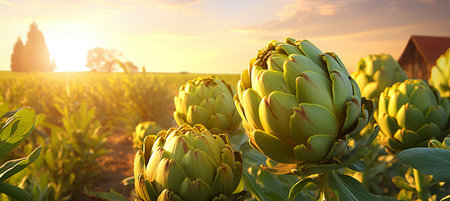 Abundant artichoke harvest on a sun kissed open plantation during a delightful summer day.の素材