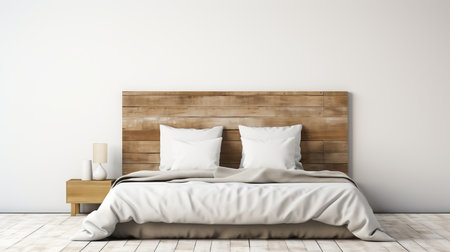 Minimalist scandinavian loft bedroom with rustic wooden bed against empty white wall and copy spaceの素材