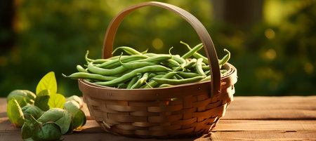 Lush green bean harvest growing abundantly on a vast open plantation, under the warm summer sun.の素材