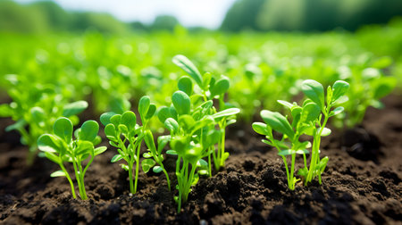 Sun kissed summer day  a picturesque open plantation with a flourishing harvest of peas.の素材
