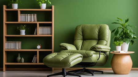 Scandinavian greenery  modern living room with green sofa, chair, and bookshelf against green wall.の素材