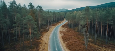 Aerial view  serpentine road winding through lush and dense forest leading to majestic mountain peakの素材