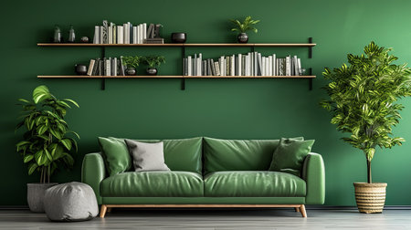 Scandinavian greenery  modern living room with green sofa, chair, and bookshelf against green wall.の素材