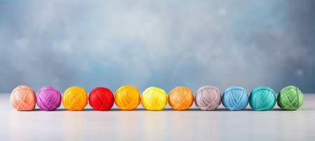 Rainbow wool yarn balls on gray background with copy space for design or advertising concept.の素材