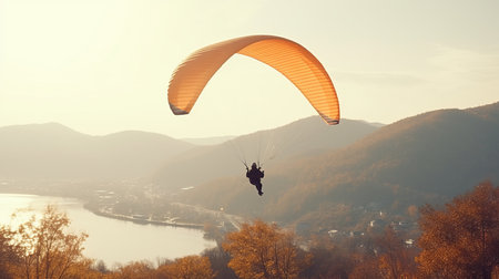 Adventurous man paragliding alone at sunny day, back view of the thrilling flying experienceの素材