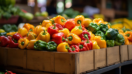 Assorted bell peppers in rustic crate, natural daylight, canon 6d camera, f8 apertureの素材