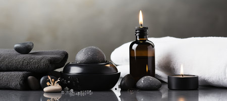 Spa beauty treatment essentials on white wooden table with massage stones, oils, and sea saltの素材