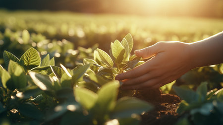 Man s hands picking fresh tea leaves in a bright summer field, creating a vibrant imageの素材