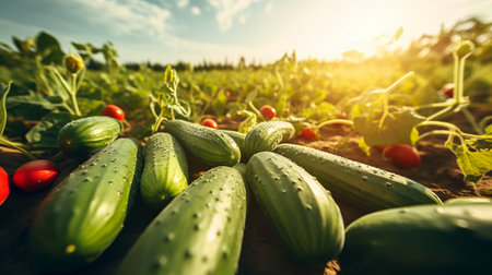 Vibrant and flourishing cucumber harvest on a sunlit summer day at an expansive open plantation.の素材