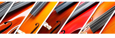 Vibrant and dynamic collage of musical instruments, divided with white vertical linesの素材