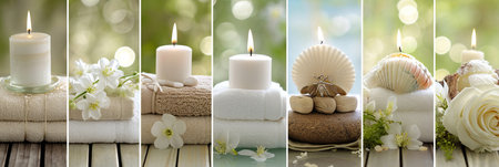 Radiant personal care collage divided by white lines, featuring bright light segments.の素材