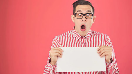 Handsome indian man holding blank white placard for text and ads on pastel orange backgroundの素材