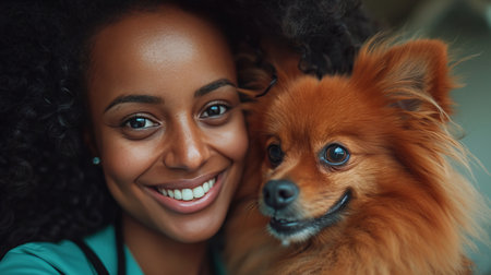 Compassionate vet nurse conducting comprehensive health checkup on cheerful dog at modern clinicの素材