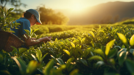Man picking fresh tea leaves in bright summer field, close up shot with abundant sunlightの素材