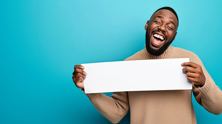 Handsome african american man holding blank placard for text and ads on pastel blue backgroundの素材