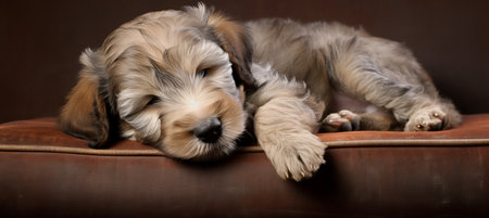 Cute dog sleeping comfortably on sofa with plenty of space for text on left   top side of imageの素材