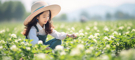 Joyful chinese woman picking tea in sunny field on summer day with abundant light and blue skyの素材