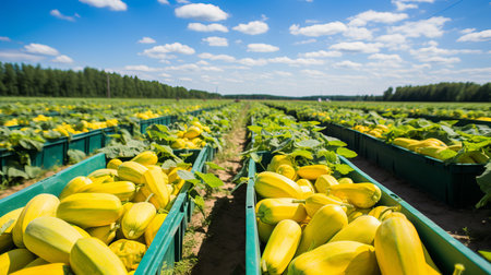 Beautiful and plentiful summer squash harvest growing on a spacious open plantation on a sunny day.の素材