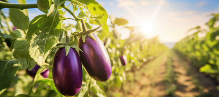 Abundant and vibrant eggplant harvest growing on an open plantation on a beautiful summer day.の素材