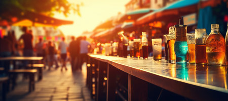 Blurred bokeh blending into mesmerizing food festival backdrop with street food and festive drinksの素材
