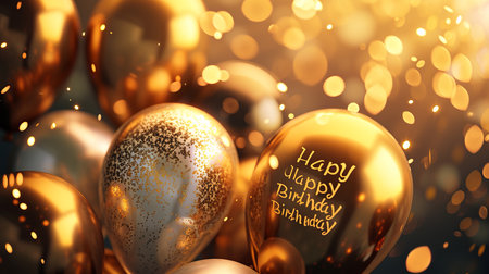Elegant golden balloons birthday card with magical bokeh sparkles and the text  happy birthdayの素材